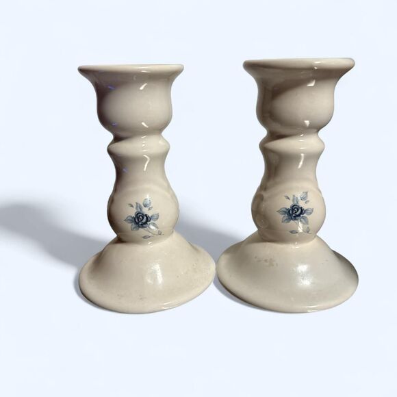 Pfeiffer Cream & Blue Candles holders Decor-home Vintage Kitchen dining room - Picture 4 of 5